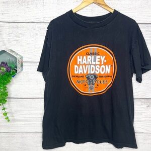 Harley-Davidson Black Tee with Vibrant Orange Emblem Size XL Vintage Distressed